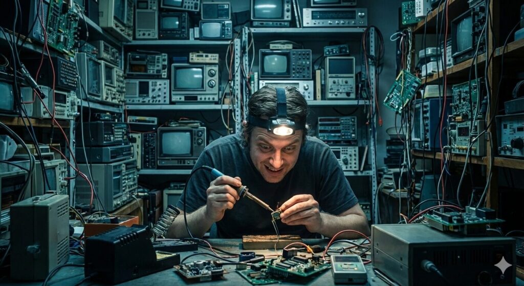 特定の対象に対する個人的で強烈な没頭」や「（少し狂気じみた）熱狂的な人」としての "Maniac" を表現しました。物が溢れかえる個人の作業部屋で、一心不乱に作業に没頭する人物の姿は、周囲を気にせず自分の世界に入り込む、少し危うさも孕んだ「個人的な熱狂」を象徴