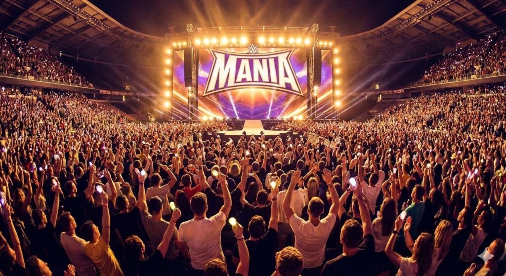 「社会的な熱狂」「集団での大流行」としての "Mania" を表現しました。巨大なスタジアムで多くの人々が熱狂し、一つの対象（ステージ上の「MANIA」の文字）に集中している様子は、まさに「集合的な熱狂」そのもの