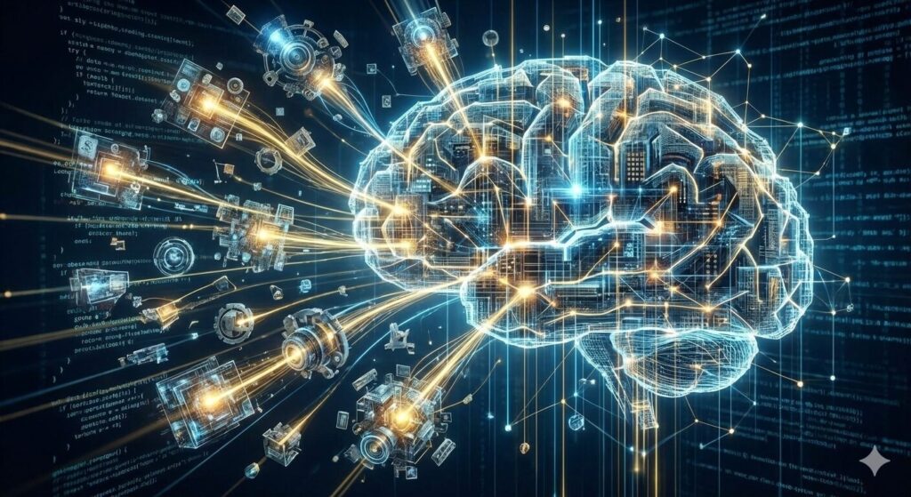 マニアックな断片を「マニアの構造（マトリクス）」へと統合するプロセス 記事後半の核心である、バラバラでマニアックな知識や経験（断片的なパーツ）が、論理の力によって一つの巨大な構造体（Mania Matrix）へと組み上がっていく様子をイメージしています。無秩序な「マニアック」が、知性によって「マニア」の領土へと昇華される瞬間