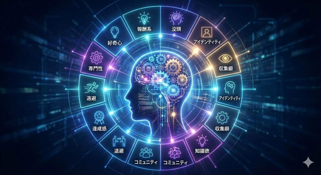 概念の対比「マニア（人・構造）」vs「マニアック（深化・細部）」 左側には、知識を体系化し「マニア」という個（アイデンティティ）を確立している人物像、右側には、その対象の極めて細部、顕微鏡レベルの「マニアック」な深淵に潜り込んでいく様子を描いています。 「誰が（マニア）」と「どれほど深く（マニアック）」という境界線を表現