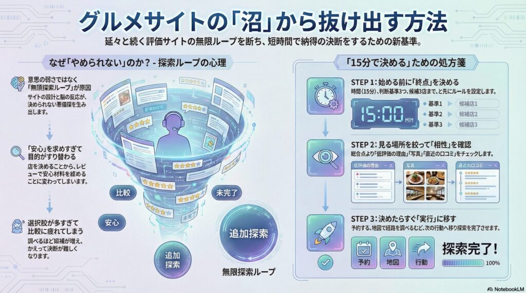 グルメ評価サイトを見続ける心理｜なぜ止まらない？疲れるのに探してしまう理由と対処法～ハマる心理の構造④