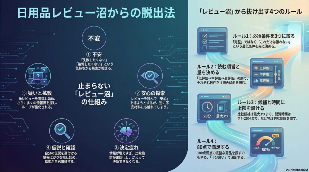日用品レビューを読み漁る心理｜「失敗したくない」が止まらない理由と、疲れずに決める方法～ハマる心理の構造④