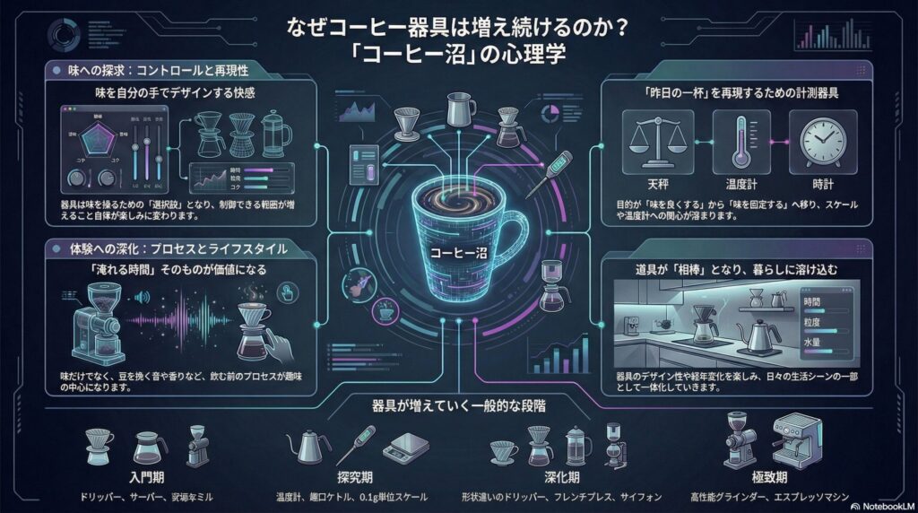 なぜコーヒーマニアは器具を増やすのか?― 味の探究と体験欲求が器具を増やし続ける構造~ハマる心理の構造⑤