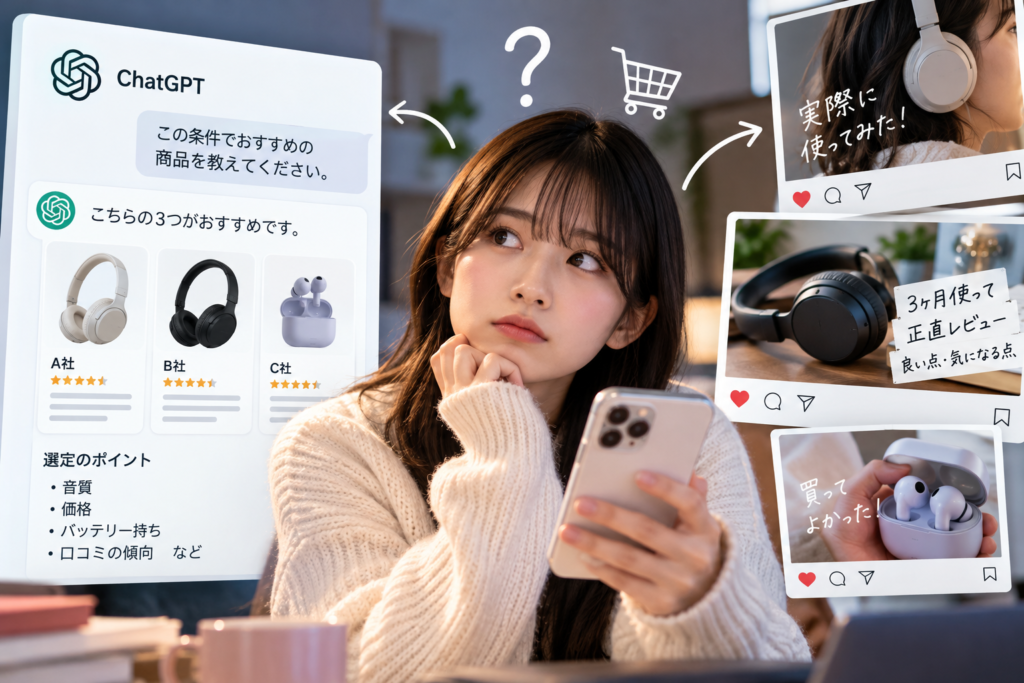 AI推薦と口コミを比べる女性
