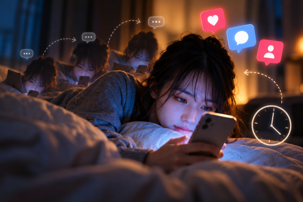 深夜の通知を待つ少女